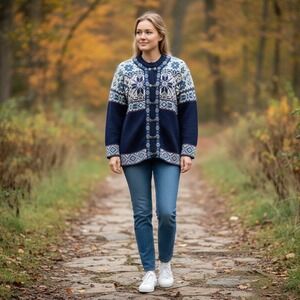 Icewear Nordic Wool Cardigan Sweater Navy Blue Fair Isle Metal Clasp Womens M